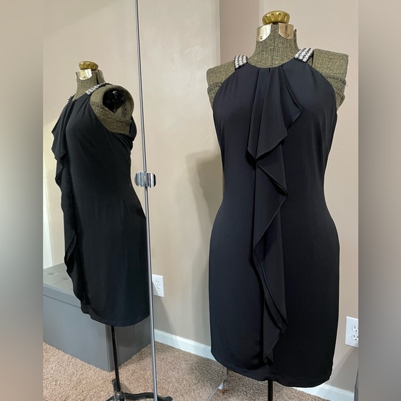 David Meister Black Rhinestone Halter Cocktail Dress Cascade Glam Party EUC - Picture 2 of 14